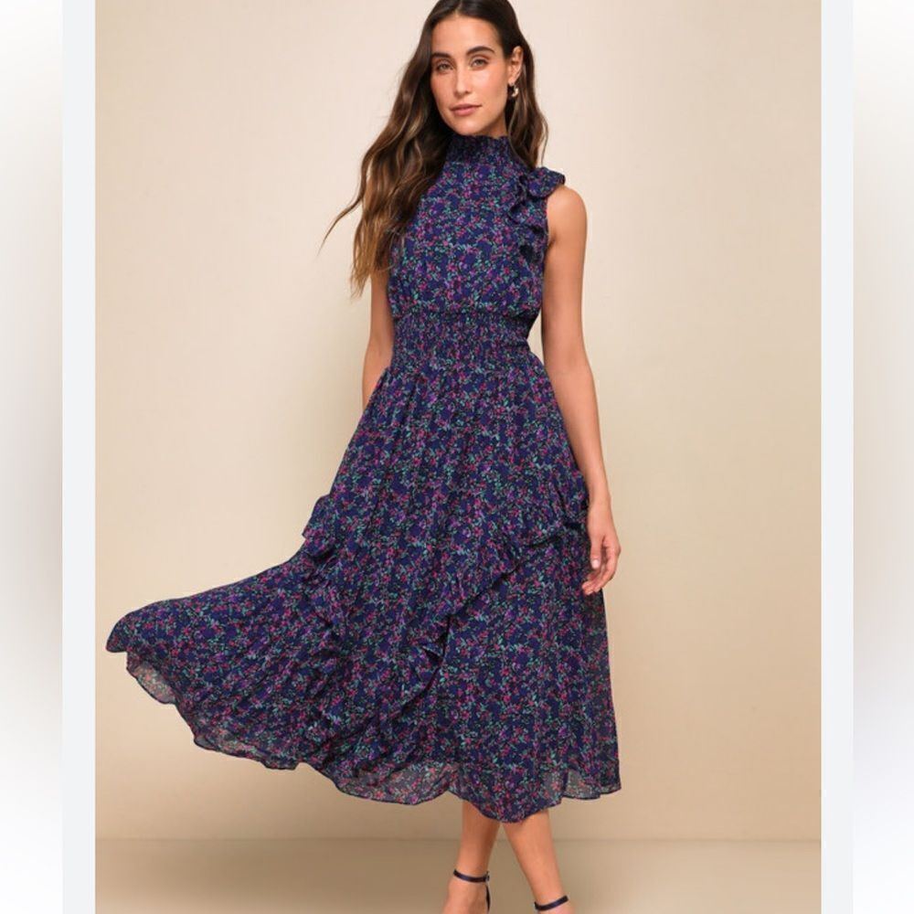 Lulus Evalina Navy Blue Floral Print Mock Neck Midi Dress XS